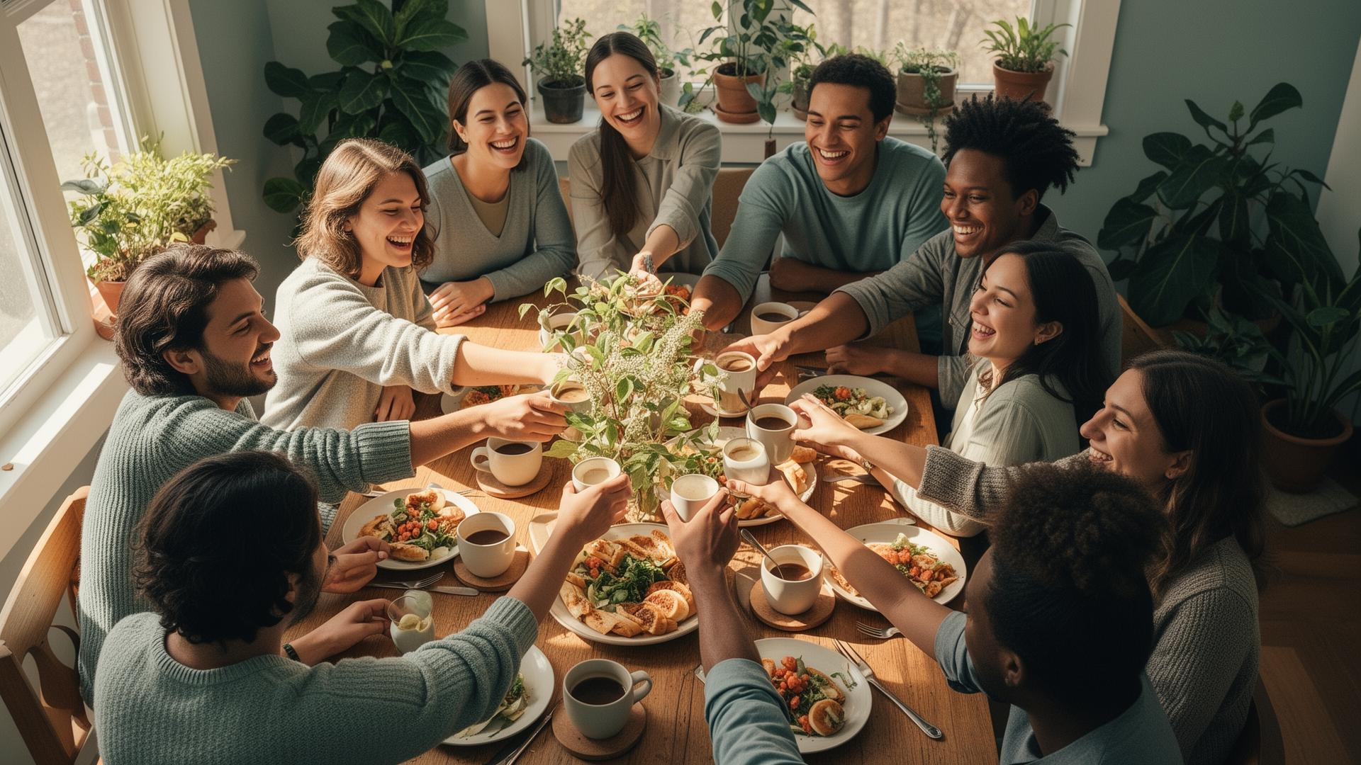 Friends gathered around a sunlit table sharing a meal and conversation